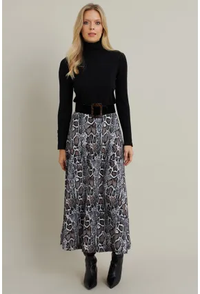 Kadın Taş-Siyah Desenli Çan Etek LON3007