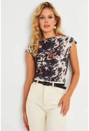 Kadın Taş-Siyah Drapeli Desenli Bluz GÇ182