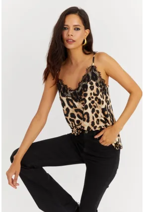 Kadın Taş-Siyah Leopar Desenli Dantelli Atlet LPP50081