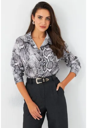 Kadın Taş-Siyah Yılan Desenli Saten Gömlek SHR9