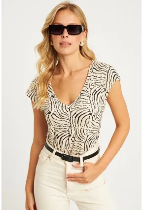Kadın Taş V Yaka Desenli Bluz LPP1285
