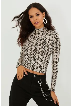 Kadın Taş Yarım Balıkçı Zebra Desen Bluz LPP1133