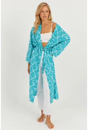 Kadın Turkuaz Desenli Kimono GÇ155