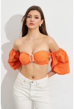 Kadın Turuncu Balon Kol Crop Bluz ROP111