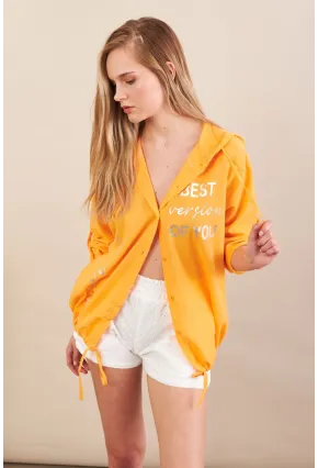 Kadın Turuncu Baskılı Kapüşonlu Gömlek MPC308