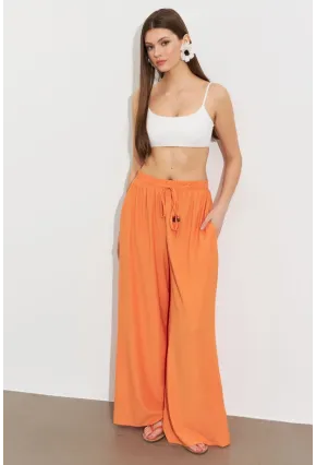 Kadın Turuncu Beli Lastikli Bürümcük Pantolon ROP105