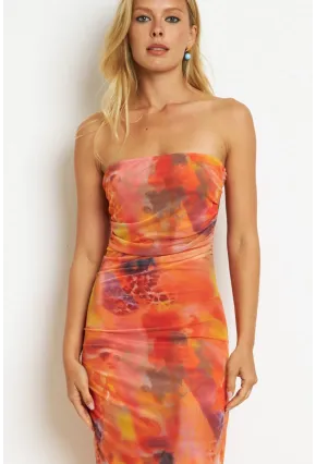 Kadın Turuncu Büzgülü Astarlı Tül Midi Elbise YEL89