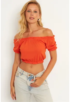 Kadın Turuncu Büzğülü Crop Bluz KAZ13
