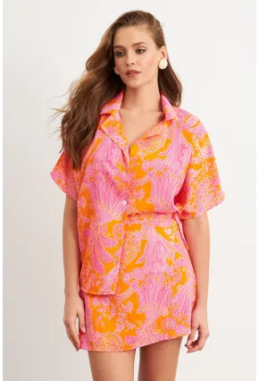Kadın Turuncu Desenli Gömlek Şort Takım Q1007