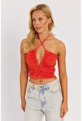 Kadın Turuncu Drapeli Crop Bluz KED154