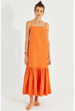 Kadın Turuncu Eteği Volanlı Askılı Midi Elbise MEN2001