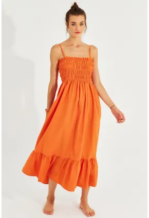 Kadın Turuncu Gipeli Askılı Midi Elbise MEN2000