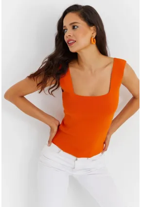 Kadın Turuncu Kare Yaka Triko Bluz YV87