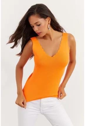 Kadın Turuncu Merdiven Yaka Triko Bluz YV83