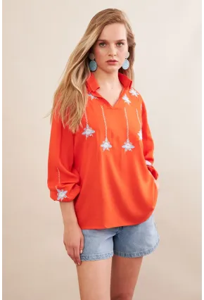 Kadın Turuncu Nakışlı Bluz MPC1345