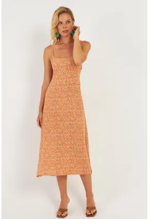 Kadın Turuncu Sırtı Gipeli Desenli Midi Elbise MP427