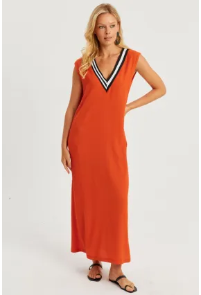 Kadın Turuncu V Yaka Bloklu Maxi Elbise EY2779