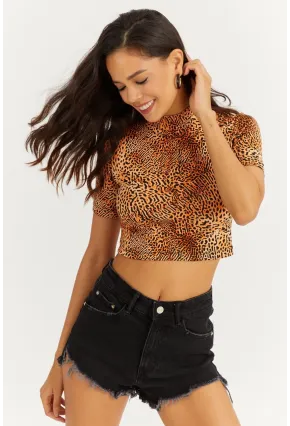 Kadın Turuncu Yarım Balıkçı Leopar Desen Bluz LPP1208
