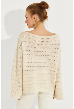 Kadın Vanilya Ajurlu Triko Bluz YV213