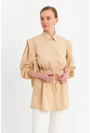 Kadın Vanilya Bağlama Detaylı Basic Gömlek MASF185
