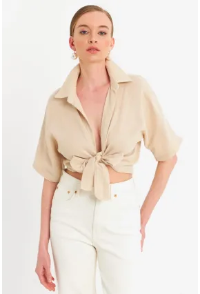Kadın Vanilya Bağlamalı Keten Bluz BTH16