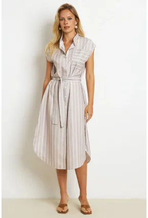 Kadın Vanilya Çizgili Midi Gömlek Elbise SF1000