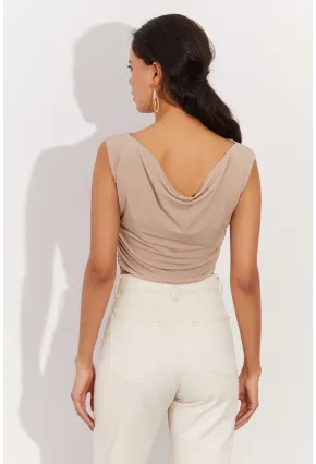 Kadın Vanilya Degaje Yaka Yanları Büzgülü Crop Bluz B2494