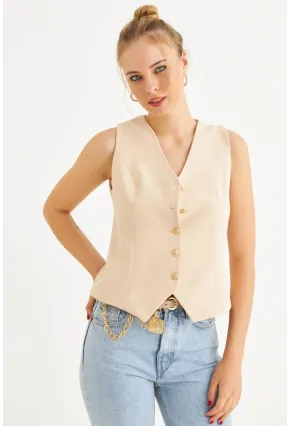 Kadın Vanilya Düğme Detaylı Astarlı Yelek SGT410