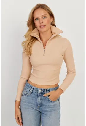 Kadın Vanilya Fermuarlı Kısa Bluz CY336
