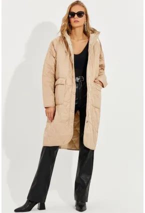 Kadın Vanilya Kapitone Fermuarlı Kapüşonlu Mont QRS8245