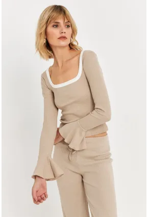 Kadın Vanilya Kontrast Yaka İspanyol Kol Bluz ALB3105