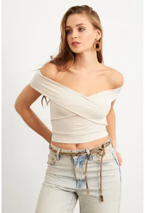 Kadın Vanilya Madonna Yaka Crop Bluz VA101