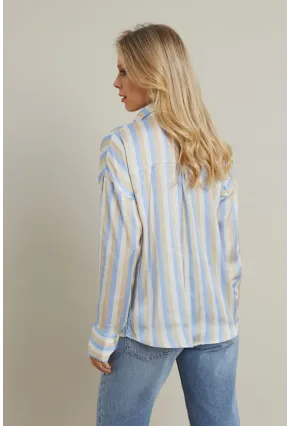 Kadın Vanilya-Mavi Desenli Saten Gömlek MSHR9