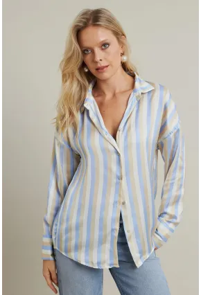 Kadın Vanilya-Mavi Desenli Saten Gömlek MSHR9