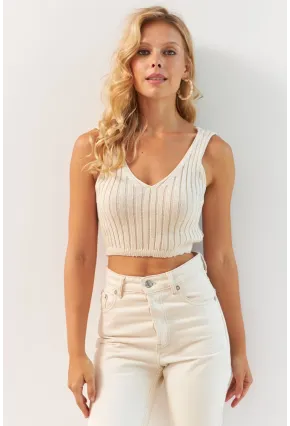 Kadın Vanilya Ön Arka V Triko Crop Bluz MP20136