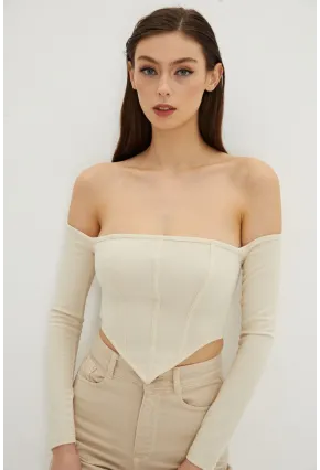 Kadın Vanilya Sırt Fermuarlı Crop Bluz B518