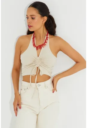 Kadın Vanilya Sırtı Açık Crop Bluz B2697