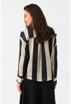 Kadın Vanilya-Siyah Desenli Saten Gömlek MSHR500