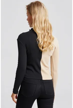 Kadın Vanilya-Siyah Renk Bloklu Kaşkorse Bluz EY2586