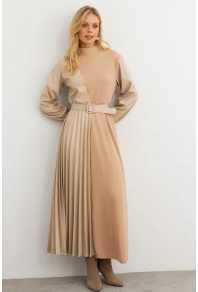 Kadın Vanilya Suni Deri Bloklu Pilili Maxi Elbise MALZ100