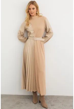 Kadın Vanilya Suni Deri Bloklu Pilili Maxi Elbise MALZ100