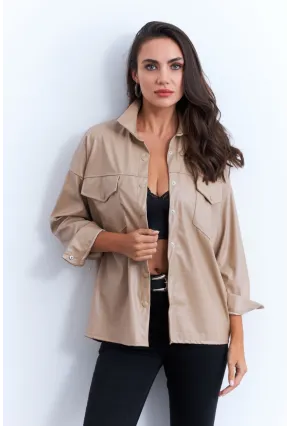 Kadın Vanilya Suni Deri Gömlek HO56