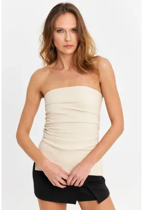 Kadın Vanilya Suni Deri Straplez Bluz SB113