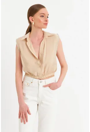 Kadın Vanilya Taş Detaylı Crop Gömlek SUN200