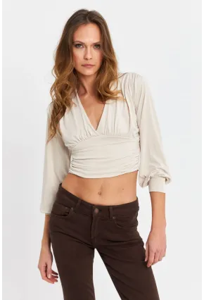 Kadın Vanilya V Yaka Büzgülü Crop Bluz SB309-90