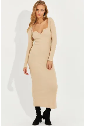 Kadın Vanilya V Yaka Maxi Kaşkorse Elbise EY1086
