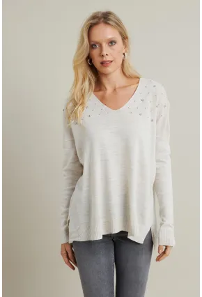 Kadın Vanilya V Yaka Taşlı İnce Triko Bluz MYİL002