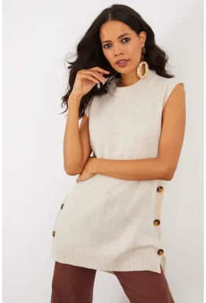 Kadın Vanilya Yanları Düğmeli Kolsuz Triko Tunik YV75