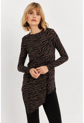 Kadın Vizon Asimetrik Zebra Desenli Tunik MLPP1186-1
