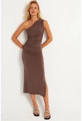 Kadın Vizon Büzgülü Yırtmaçlı Midi Elbise MON134